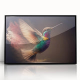Framed wall art featuring a vibrant hummingbird design in acrylic, set against a sleek black background, perfect for adding a colorful touch to home decor.