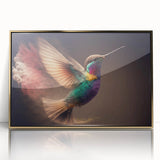 Framed wall art featuring a vibrant hummingbird design with intricate details, set in a sleek gold frame, ideal for enhancing home decor with a touch of nature.