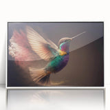 Framed acrylic wall art featuring a vibrant hummingbird design in a white frame, showcasing colorful details against a minimalist background, ideal for nature enthusiasts.