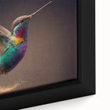 Close-up of a framed canvas artwork showcasing a vibrant hummingbird design, featuring intricate details in bright colors, perfect for nature lovers and home decor enthusiasts.
