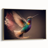 Framed canvas wall art showcasing a vibrant hummingbird design in gold, elegantly displayed from the side to highlight its intricate details and texture. Perfect for nature-themed decor.