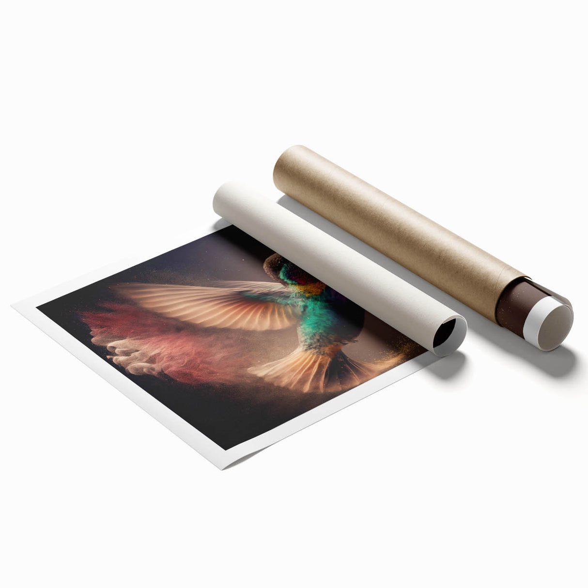 Colorful rolled print showcasing a detailed hummingbird design, perfect for wall decor, featuring vibrant hues and intricate patterns, packaged securely in a cardboard tube. Ideal for nature lovers and art enthusiasts.
