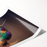 Colorful hummingbird wall art print showcasing vibrant birds in flight against a soft pastel background, ideal for nature-themed decor. Perfect for adding a lively touch to any room.