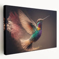 Vibrant, stretched canvas wall art showcasing a detailed hummingbird design with colorful floral elements, ideal for enhancing living spaces and home decor.