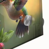 Close-up of a vibrant hummingbird design wall art piece, showcasing intricate details and rich colors on acrylic glass, perfect for modern home decor.