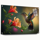 Colorful acrylic glass wall art collection showcasing a hummingbird design, elegantly displayed from a side view with mounting pins, perfect for vibrant home decor.