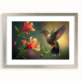 Framed wall art collection featuring vibrant hummingbird designs in a sleek silver frame with a mat, ideal for enhancing home decor with nature-inspired aesthetics.