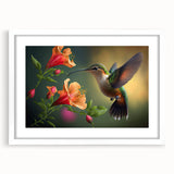 Framed hummingbird wall art collection featuring vibrant colors and detailed design, set in a sleek white frame with a matte finish, ideal for home decor.