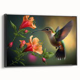Framed canvas wall art showcasing a vibrant hummingbird design in black frame, side view highlighting the intricate details and vivid colors, perfect for nature lovers.