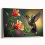 Framed wall art collection showcasing a vibrant hummingbird design on canvas, elegantly displayed with a silver frame, ideal for home decor.