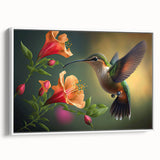 Framed wall art collection showcasing a vibrant hummingbird design on canvas, featuring a white border and side view, perfect for brightening up any space.