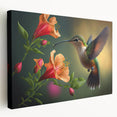 Stretched canvas wall art collection featuring vibrant hummingbird designs in assorted colors, displayed from a side view, ideal for nature enthusiasts’ decor.