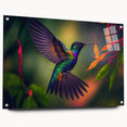 Hummingbird-themed wall art collection displayed in acrylic glass, showcasing vibrant colors and intricate details, with pins securing the artwork in a stylish side view.