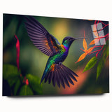 Vibrant acrylic glass wall art featuring a hummingbird design, showcasing intricate details and vivid colors, ideal for modern home decor or nature enthusiasts.