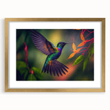Hummingbird wall art collection framed in gold, showcasing intricate designs and vibrant colors, perfect for enhancing home decor with a touch of nature.