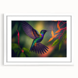 White-framed wall art showcasing a vibrant hummingbird design, ideal for home decor, displayed with a mat for an elegant presentation. Perfect for nature enthusiasts and modern interiors.