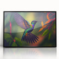Framed acrylic wall art featuring a colorful hummingbird design against a black background, ideal for enhancing home decor with a touch of nature.