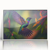 Framed wall art showcasing a vibrant hummingbird design with a white border, ideal for adding a touch of nature-inspired elegance to home decor.