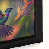 Close-up of a framed hummingbird wall art piece showcasing vibrant colors and intricate details, perfect for adding a touch of nature-inspired decor to any space.