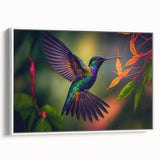 Framed wall art featuring a vibrant hummingbird design on canvas, showcasing vivid colors and intricate details, ideal for enhancing home decor.
