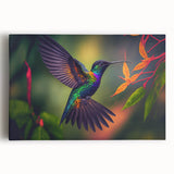 Colorful hummingbird wall art collection on stretched canvas, showcasing vibrant hues of green, blue, and pink, perfect for brightening any room decor.