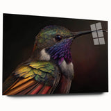 Side view of a vibrant hummingbird design wall art collection displayed in an acrylic frame, showcasing vivid colors and intricate details, perfect for nature-inspired decor.