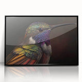 Framed wall art collection showcasing a vibrant hummingbird design on a black background, featuring acrylic material and sleek front view, ideal for modern decor.