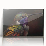 Framed wall art collection showcasing a vibrant hummingbird design in silver acrylic, highlighting intricate details and colors, perfect for enhancing modern decor.