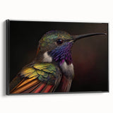Framed wall art canvas featuring a vibrant hummingbird design in a black frame, showcasing rich colors and intricate details, perfect for enhancing home decor.
