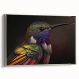 Framed wall art showcasing a vibrant hummingbird design on a silver canvas, elegantly displayed from the side to highlight its artistic details and sleek finish.