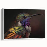 Framed canvas wall art showcasing a vibrant hummingbird design in a modern aesthetic, featuring a white frame and side view display for elegant home decor.