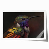 Colorful hummingbird wall art design printed on a rolled canvas, featuring vibrant blues and greens. Ideal for nature-themed decor, showcasing intricate details and a lively aesthetic. Perfect for adding a touch of elegance to any room, this artwork brings a sense of serenity and beauty.