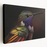 Stretched canvas wall art showcasing a vibrant hummingbird design with lush greenery, perfect for adding a colorful touch to home decor. Ideal for bird lovers.
