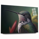 Side view of a vibrant hummingbird wall art design on acrylic glass, showcasing intricate details and colors, ideal for modern home decor.