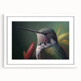 Framed wall art showcasing a vibrant hummingbird design, featuring intricate details and a white mat, perfect for enhancing modern decor in any room.