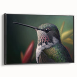Framed canvas wall art showcasing a vibrant hummingbird design, set against a sleek black background. This artwork adds a colorful touch to any modern home decor.