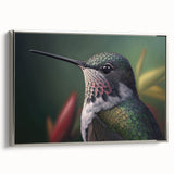 Framed wall art showcasing a vibrant hummingbird design in a silver frame, highlighting intricate details and colors, perfect for home decor enhancement.