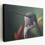 Colorful hummingbird wall art on stretched canvas showcasing vibrant details and a sleek side view, perfect for enhancing home decor and nature-themed spaces.