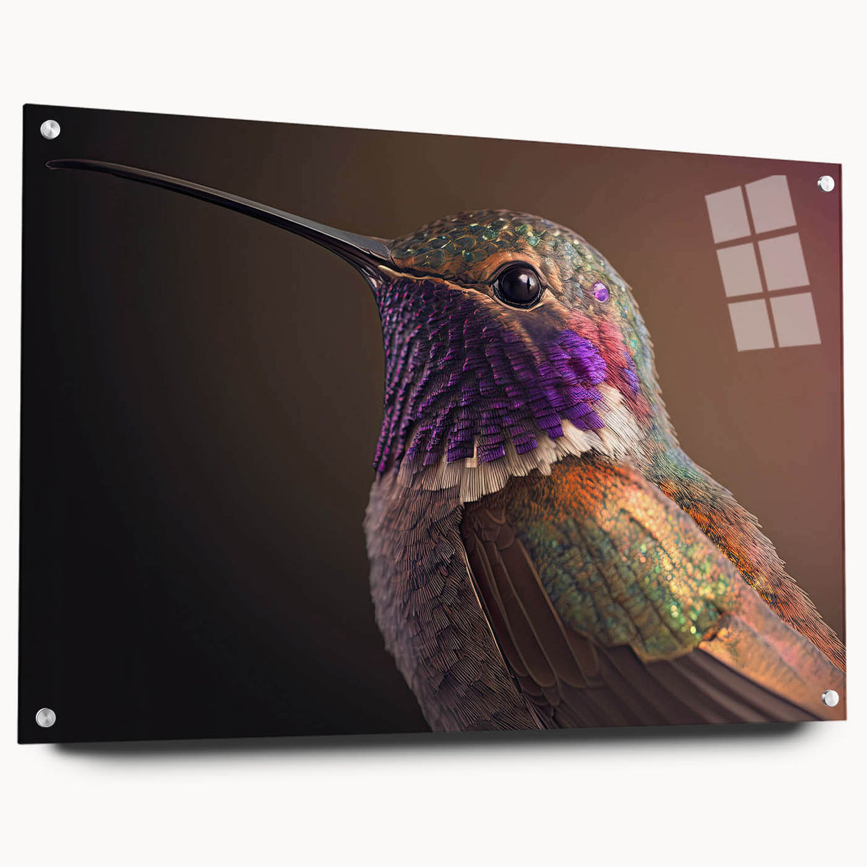 Vibrant hummingbird wall art design displayed in acrylic glass, showcasing detailed colors and intricate patterns, perfect for enhancing modern decor.