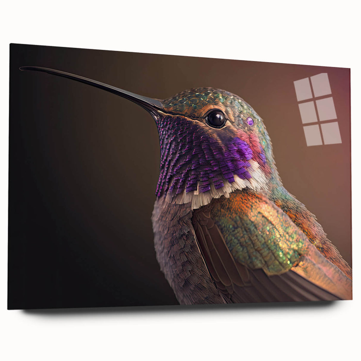 Vibrant acrylic wall art featuring a detailed hummingbird design, displayed in a side view without pins, showcasing intricate colors and textures perfect for home decor.