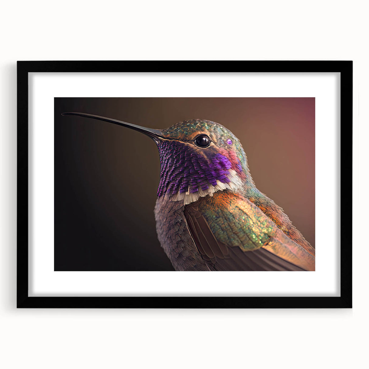 Framed wall art featuring a vibrant hummingbird design in a black frame, showcasing intricate details and vivid colors, perfect for home decor.