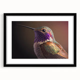 Framed wall art featuring a vibrant hummingbird design in a black frame, showcasing intricate details and vivid colors, perfect for home decor.