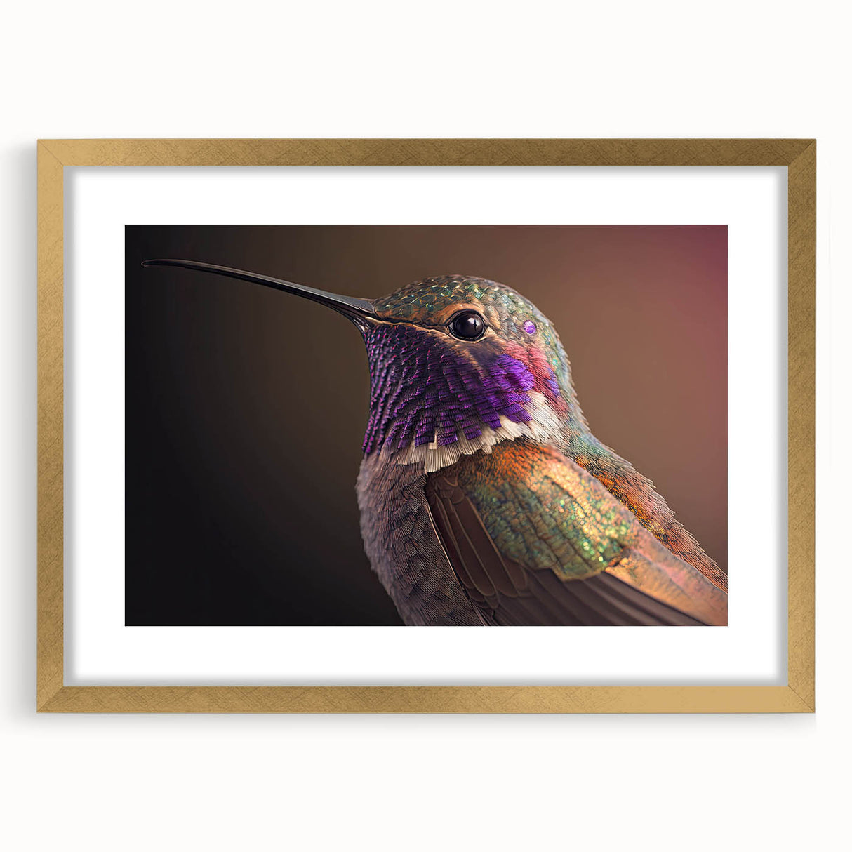 Elegant gold-framed wall art featuring a vibrant hummingbird design, showcasing intricate details and colorful plumage, perfect for home decor enhancement.