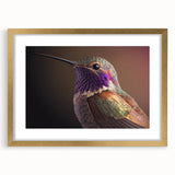 Elegant gold-framed wall art featuring a vibrant hummingbird design, showcasing intricate details and colorful plumage, perfect for home decor enhancement.