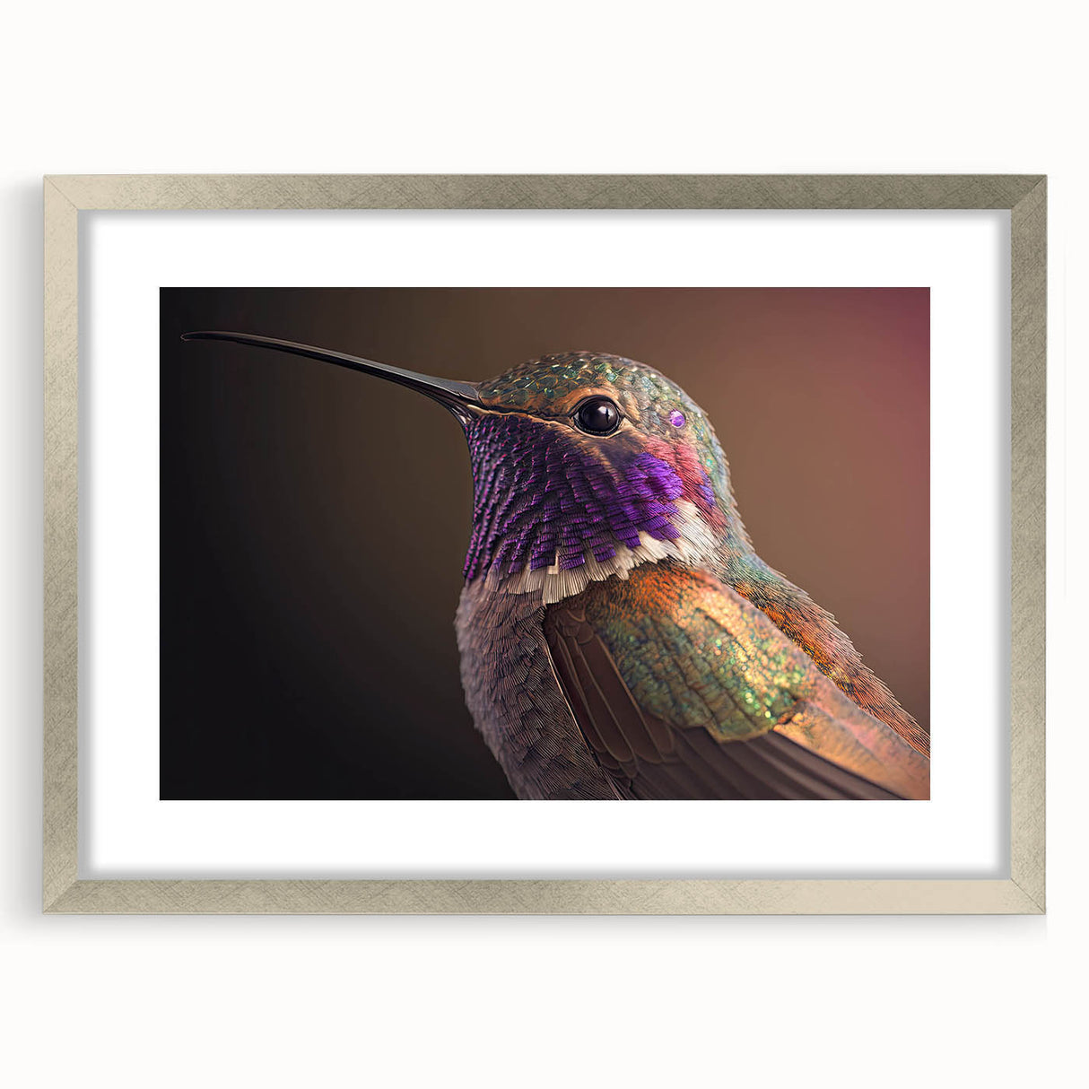 Framed wall art featuring a colorful hummingbird design, elegantly displayed with a silver matte finish, perfect for enhancing home decor with vibrant nature themes.