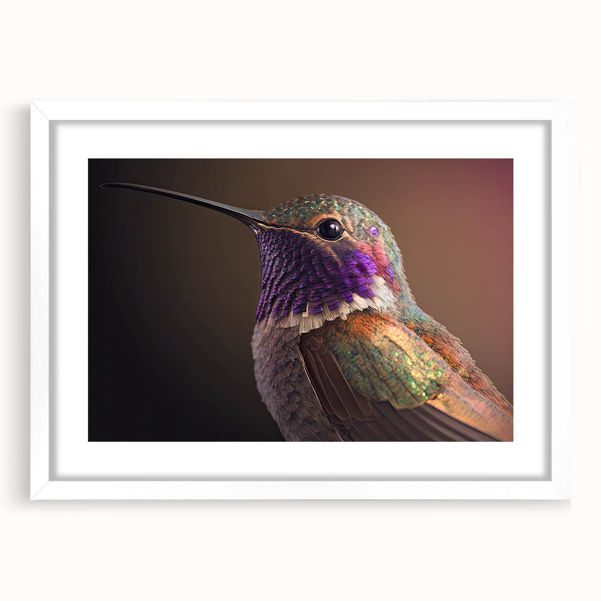 Framed wall art display featuring a vibrant hummingbird design in a white mat, ideal for home decor. Perfect for nature enthusiasts and modern aesthetics.