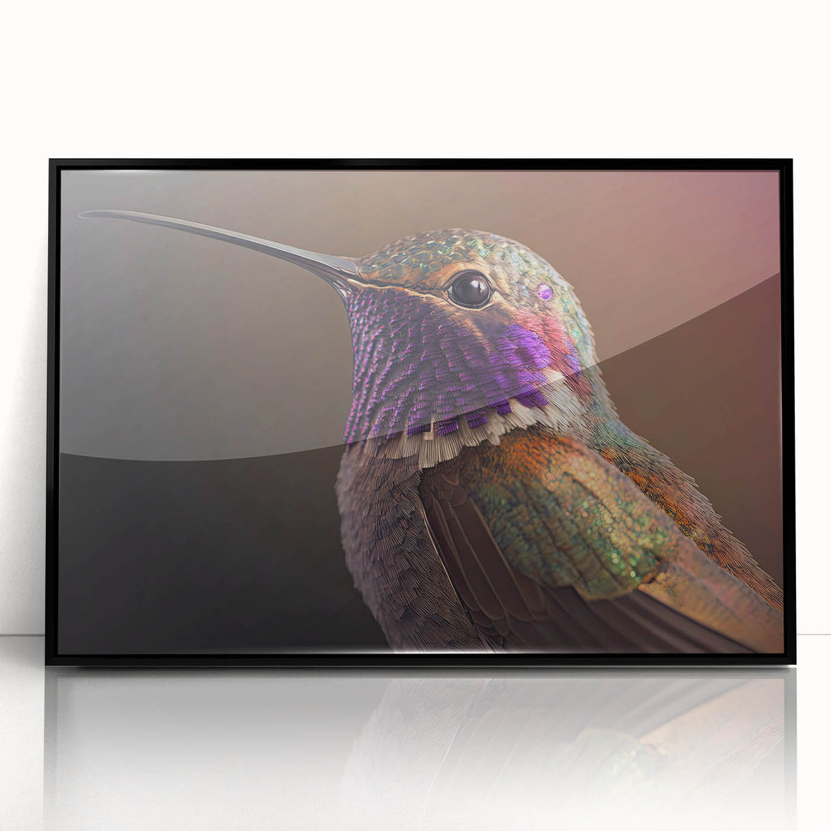 Framed acrylic wall art featuring a vibrant hummingbird design, set in a sleek black frame. Ideal for nature lovers and home decor enthusiasts.