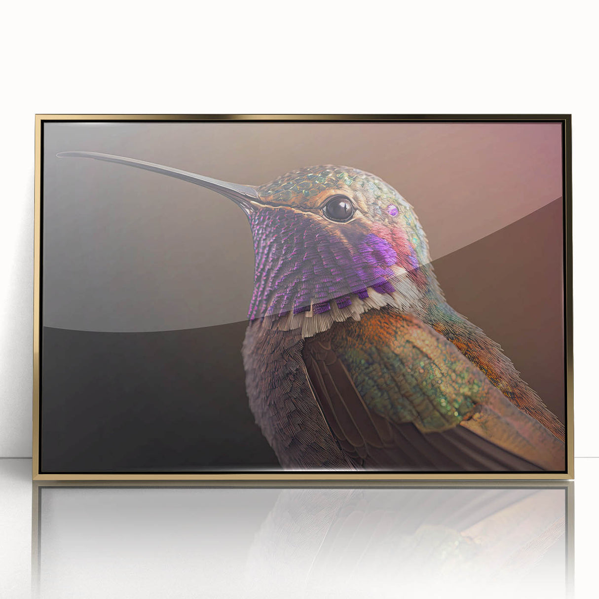 Framed wall art featuring a vibrant hummingbird design with gold accents, displayed in a sleek acrylic frame, ideal for adding color and elegance to any room.