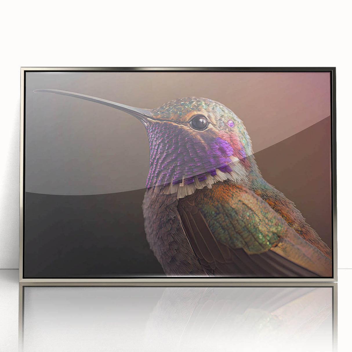 Framed silver acrylic wall art showcasing a vibrant hummingbird design, perfect for contemporary home decor, highlighting intricate details and colors.