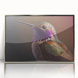 Framed silver acrylic wall art showcasing a vibrant hummingbird design, perfect for contemporary home decor, highlighting intricate details and colors.